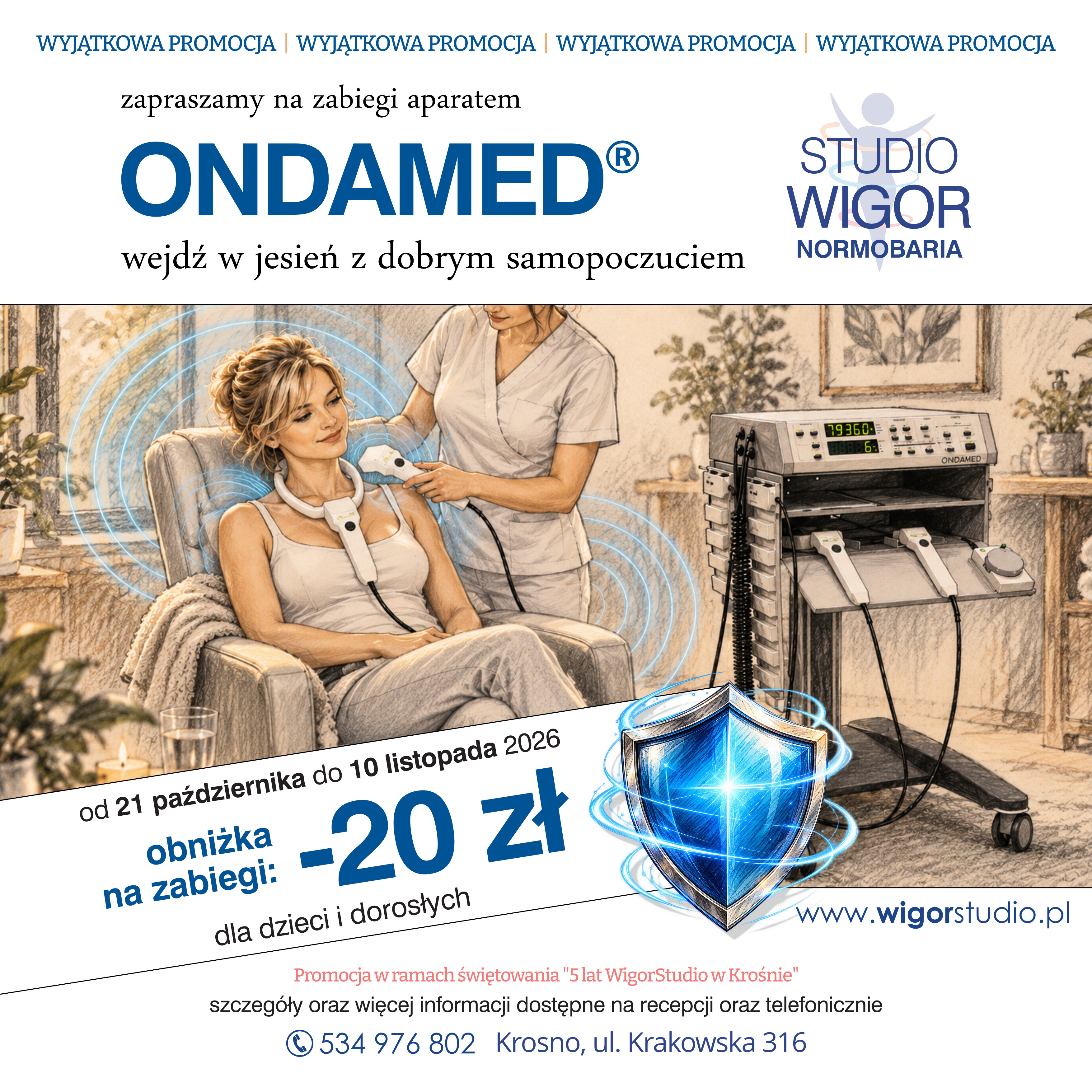 Promocja na zabiegi aparatem ONDAMED w Studio Wigor w Krośnie – 20 zł taniej na każdy zabieg
